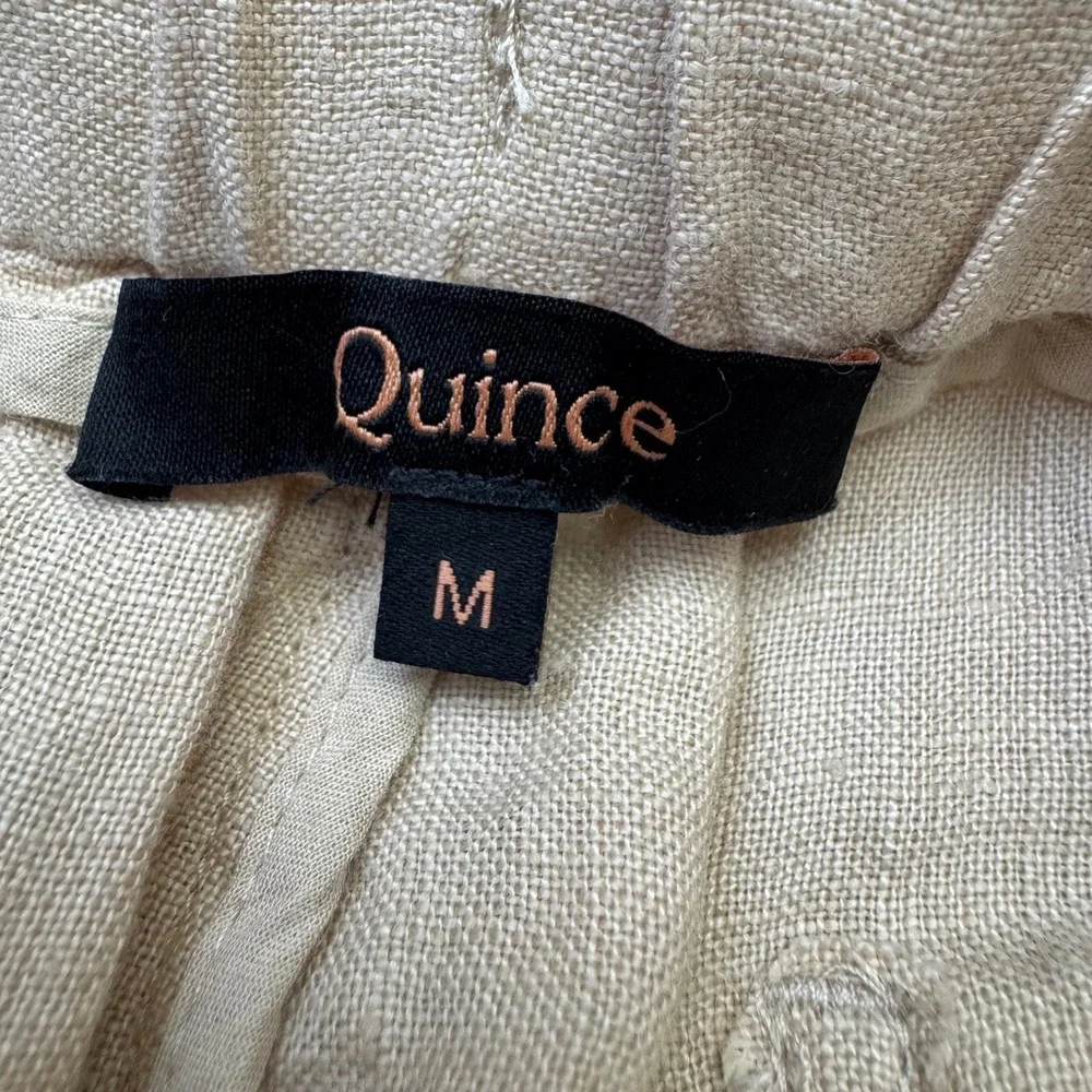 Quince Women Linen Pants Medium Beige High Rise Elastic Waist Straight Leg